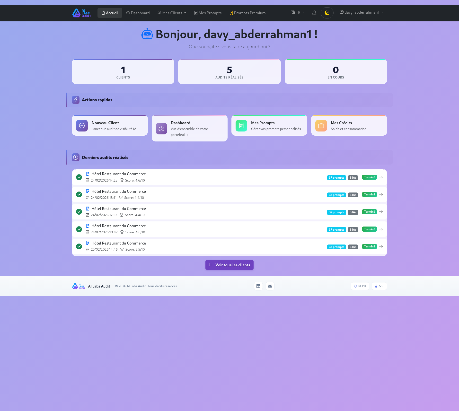 AI Labs Audit - Page d'accueil avec derniers audits réalisés et actions rapides