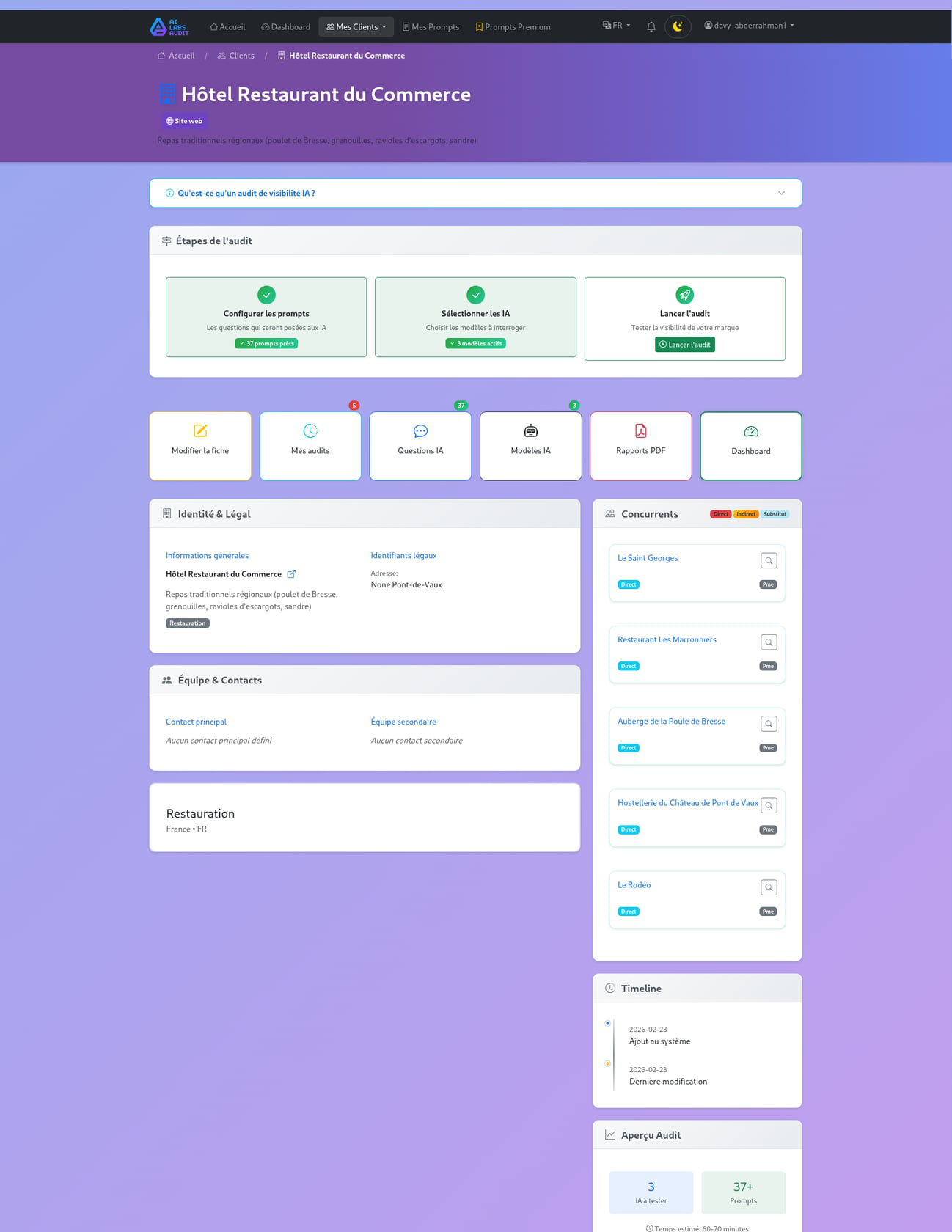 AI Labs Audit - Fiche client avec étapes d'audit, concurrents et configuration IA