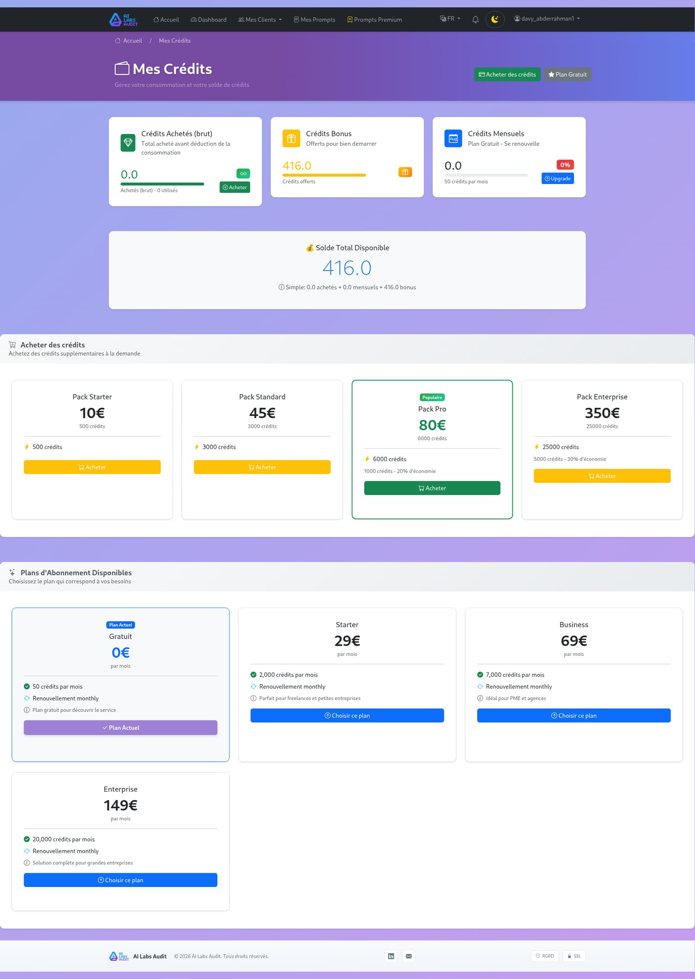 Page Mes Credits AI Labs Audit