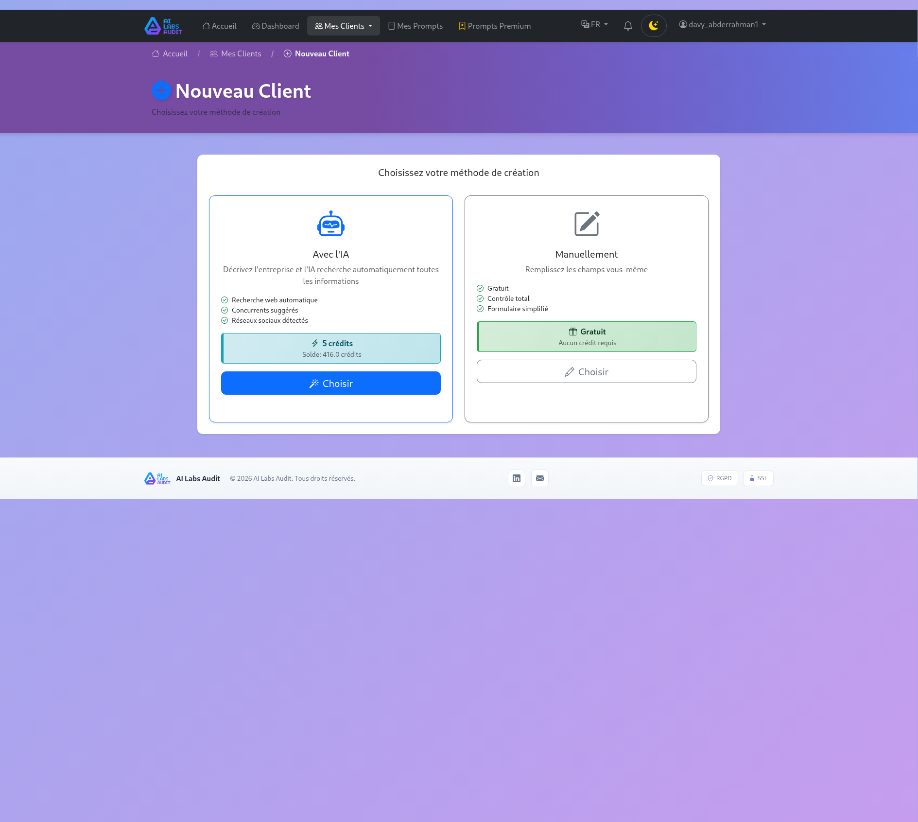 Choix creation client AI Labs Audit