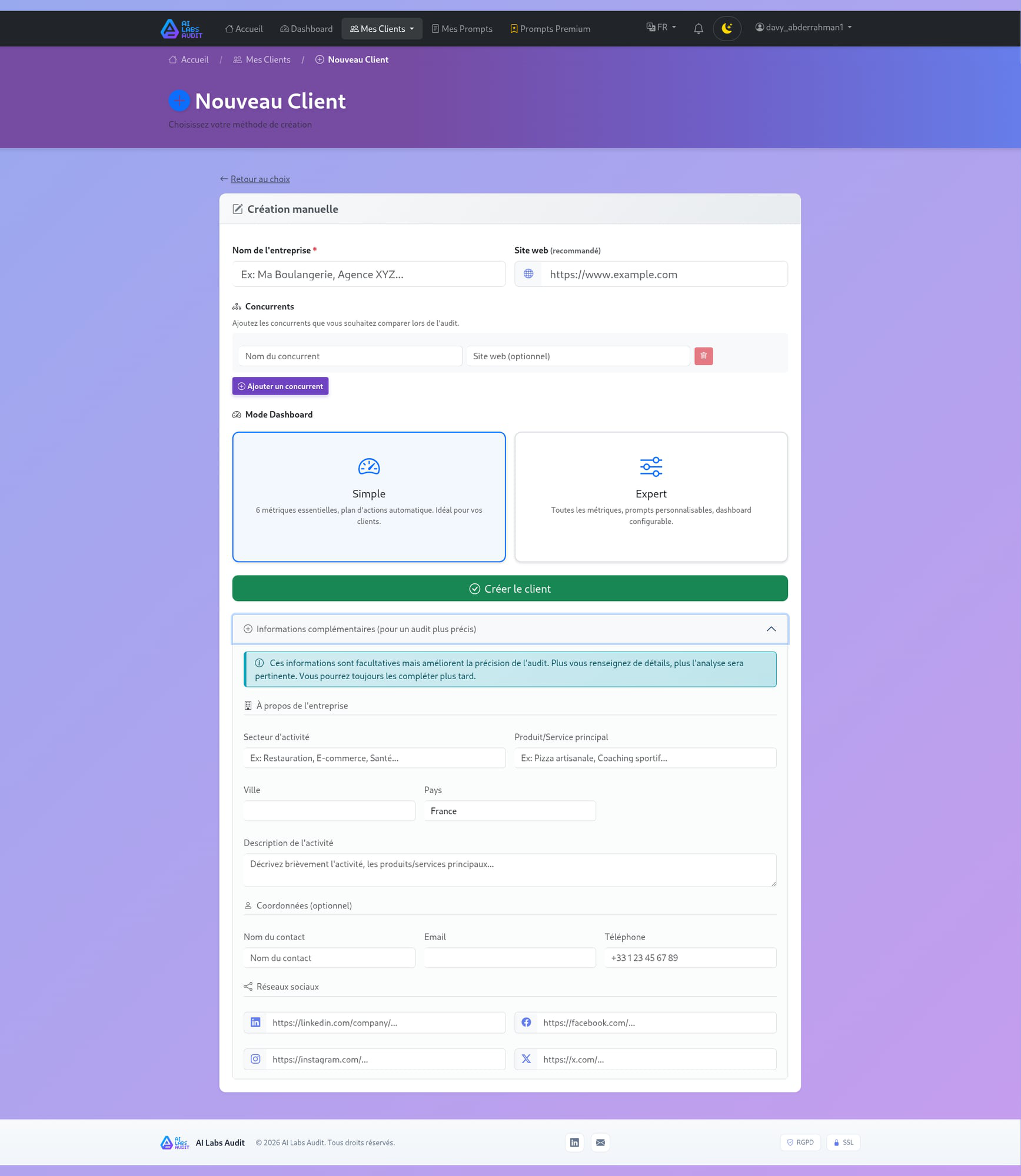 Formulaire creation client